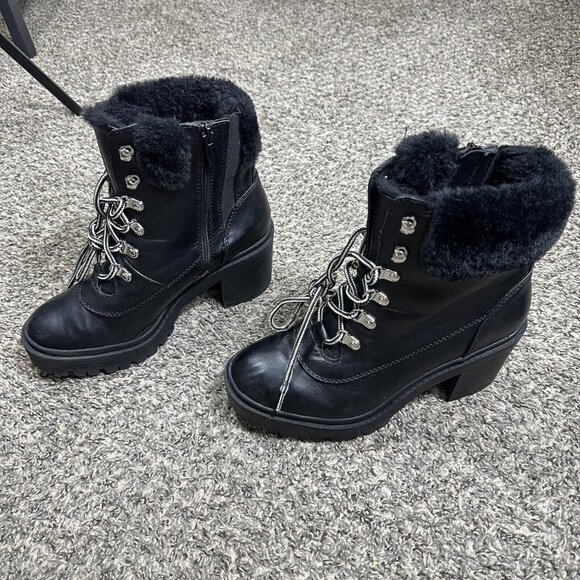 Torrid Black Faux Leather Fur Trim Hiker Boots Size 8.5WW Lace Up Zip Combat - Picture 1 of 11
